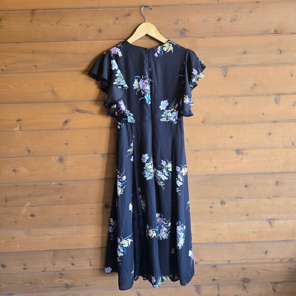 ASOS Floral Dress Black Ruffle Lace Vneck Flutter Midi NWT 6 Boho Swing Pinup - Picture 2 of 5